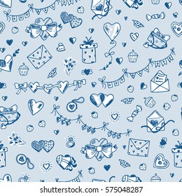 Valentine background. Love symbols Seamless pattern. Happy Valentine's day. Hand drawn doodle Hearts and Gifts. Vector illustration. 