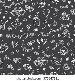 Valentine background. Love symbols Seamless pattern. Happy Valentine's day. Hand drawn doodle Hearts and Gifts. Vector illustration. 