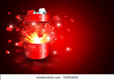 Valentine background, Open gift box with surprise, heart and magic light fireworks.