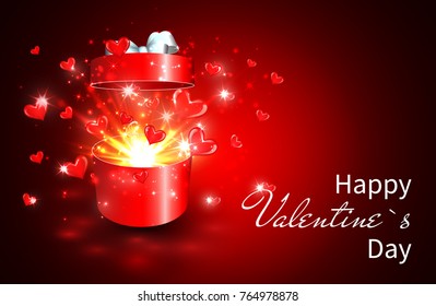 Valentine background, Open gift box with surprise, heart and magic light fireworks.