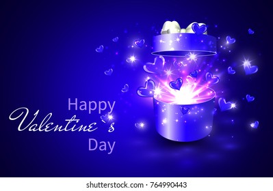 Valentine background, Open gift box with surprise, heart and magic light fireworks.