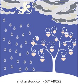 Valentine  background. Ornament for Valentine's Day. Color texture with clouds, Cupid, tree and hearts.
