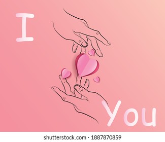 Valentine background, outline of hand and pink heart shaped paper cut, vector illustration valentines day, mother's day, love concept and giving love