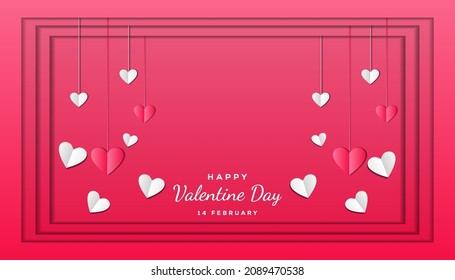 valentine background in paper art cut style with hanging hearts and copy space. valentine illustration. vector valentine design