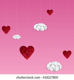 Valentine background with paper hearts and cloud