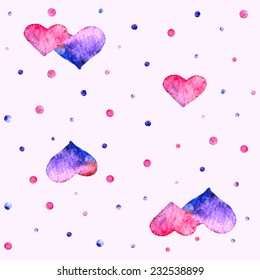Valentine background with pattern of watercolor hearts and point. Vector illustration.