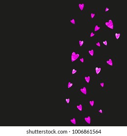 Valentine background with pink glitter hearts. February 14th day. Vector confetti for valentine background template. Grunge hand drawn texture. Love theme for special business offer, banner, flyer.