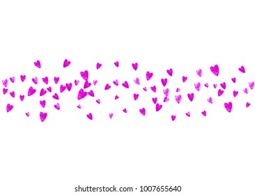 Valentine background with pink glitter hearts. February 14th day. Vector confetti for valentine background template. Grunge hand drawn texture. Love theme for flyer, special business offer, promo.