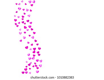 Valentine background with pink glitter hearts. February 14th day. Vector confetti for valentine background template. Grunge hand drawn texture. Love theme for gift coupons, vouchers, ads, events.