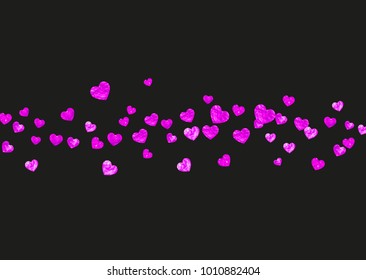 Valentine background with pink glitter hearts. February 14th day. Vector confetti for valentine background template. Grunge hand drawn texture. Love theme for flyer, special business offer, promo.