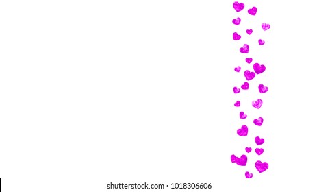 Valentine background with pink glitter hearts. February 14th day. Vector confetti for valentine background template. Grunge hand drawn texture. Love theme for poster, gift certificate, banner.