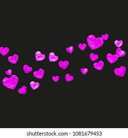 Valentine background with pink glitter hearts. February 14th day. Vector confetti for valentine background template. Grunge hand drawn texture. Love theme for flyer, special business offer, promo.