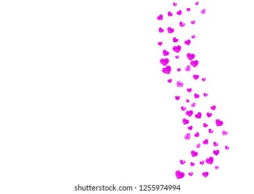 Valentine background with pink glitter hearts. February 14th day. Vector confetti for valentine background template. Grunge hand drawn texture. Love theme for gift coupons, vouchers, ads, events.