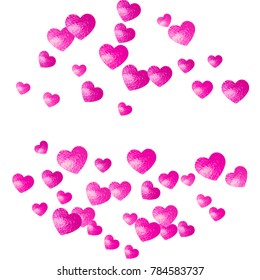 Valentine background with pink glitter hearts. February 14th day. Vector confetti for valentine background template. Grunge hand drawn texture. Love theme for poster, gift certificate, banner.