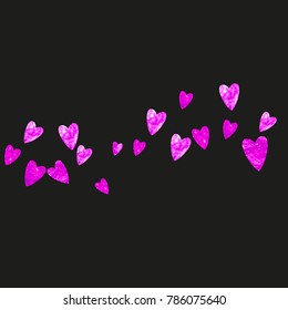 Valentine background with pink glitter hearts. February 14th day. Vector confetti for valentine background template. Grunge hand drawn texture. Love theme for flyer, special business offer, promo.
