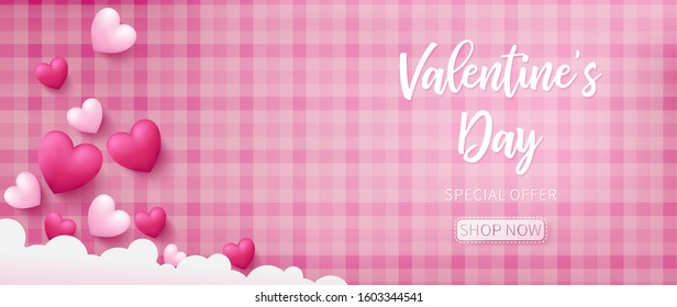 Valentine background with pink pattern background and realistic heart shapes floating from cloud on left hand side
