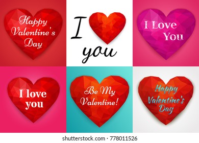 Valentine background. Polygonal, low poly heart. Valentine's day cards. Vector graphics. Set with red love symbols. 