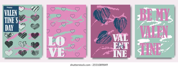 Valentine background poster set. Collection of colorful Valentines Day greeting cards with heart illustrations and romantic message. Design for celebration, ads, branding, banner, cover, label, poster