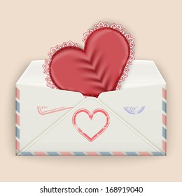 Valentine background. Realistic envelope with attached lace heart. Vector illustration.