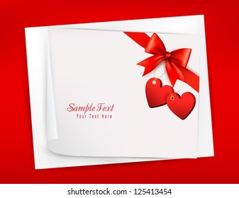 Valentine background with red gift bow and two hearts.Vector