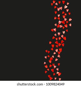 Valentine background with red glitter hearts. February 14th day. Vector confetti for valentine background template. Grunge hand drawn texture. Love theme for special business offer, banner, flyer.