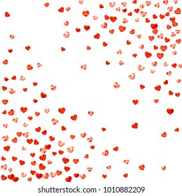 Valentine background with red glitter hearts. February 14th day. Vector confetti for valentine background template. Grunge hand drawn texture. Love theme for voucher, special business ad, banner.