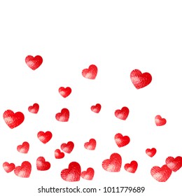 Valentine background with red glitter hearts. February 14th day. Vector confetti for valentine background template. Grunge hand drawn texture. Love theme for voucher, special business ad, banner.