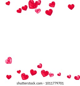 Valentine background with red glitter hearts. February 14th day. Vector confetti for valentine background template. Grunge hand drawn texture. Love theme for flyer, special business offer, promo.