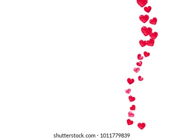 Valentine background with red glitter hearts. February 14th day. Vector confetti for valentine background template. Grunge hand drawn texture. Love theme for voucher, special business ad, banner.