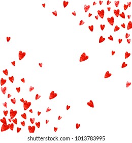 Valentine background with red glitter hearts. February 14th day. Vector confetti for valentine background template. Grunge hand drawn texture. Love theme for voucher, special business ad, banner.