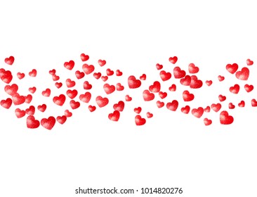Valentine background with red glitter hearts. February 14th day. Vector confetti for valentine background template. Grunge hand drawn texture. Love theme for voucher, special business ad, banner.