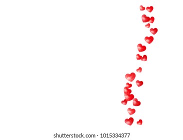 Valentine background with red glitter hearts. February 14th day. Vector confetti for valentine background template. Grunge hand drawn texture. Love theme for voucher, special business ad, banner.
