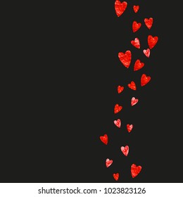 Valentine background with red glitter hearts. February 14th day. Vector confetti for valentine background template. Grunge hand drawn texture. Love theme for gift coupons, vouchers, ads, events.
