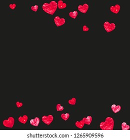 Valentine background with red glitter hearts. February 14th day. Vector confetti for valentine background template. Grunge hand drawn texture. Love theme for flyer, special business offer, promo.
