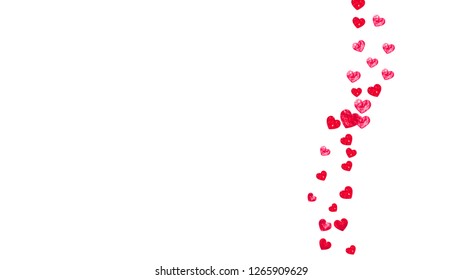 Valentine background with red glitter hearts. February 14th day. Vector confetti for valentine background template. Grunge hand drawn texture. Love theme for flyer, special business offer, promo.