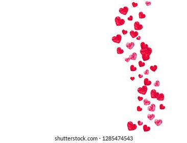 Valentine background with red glitter hearts. February 14th day. Vector confetti for valentine background template. Grunge hand drawn texture. Love theme for poster, gift certificate, banner.