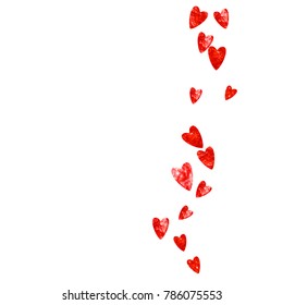 Valentine background with red glitter hearts. February 14th day. Vector confetti for valentine background template. Grunge hand drawn texture. Love theme for gift coupons, vouchers, ads, events.