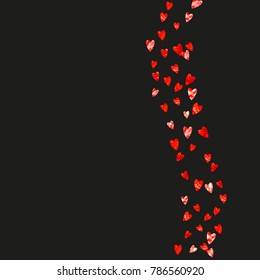 Valentine background with red glitter hearts. February 14th day. Vector confetti for valentine background template. Grunge hand drawn texture. Love theme for voucher, special business ad, banner.