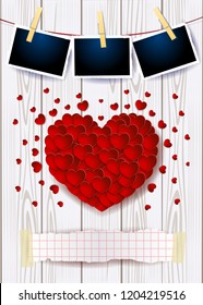 Valentine background with red heart, copy space and photo frames. Vector illustration eps10