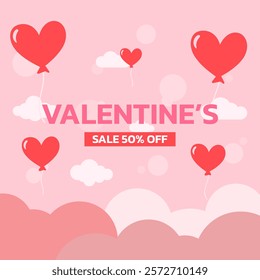 Valentine background. Red heart-shaped balloons float in a pink sky with clouds. Designed for Valentine’s Day promotions. Design for Poster, Banner, Post, Greeting, Card. Valentine's day design.