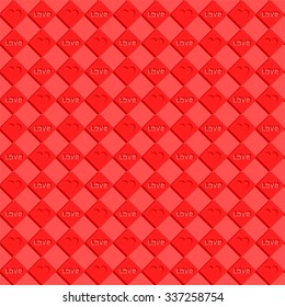 Valentine background of red rhombus with shadow with the word love with heart shadow and contour alternately in a row