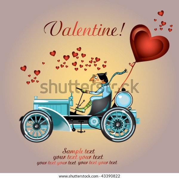 Valentine background\
with retro car and\
heart.