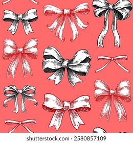 Valentine background. Rococo seamless pattern. Hand drawn Coquette bow and ribbon sketches. NOT AI generated