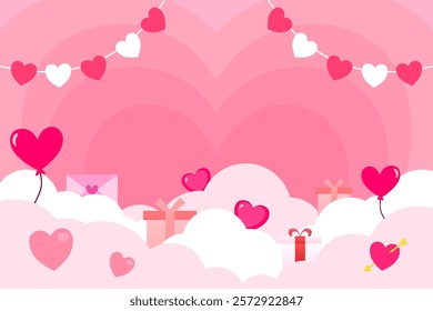 Valentine background. Romantic design with heart balloons, gift boxes, and clouds. Heart garland in a dreamy sky. Design for Poster, Banner, Post, Flyer, Greeting, Card, Cover. Valentine's day design.