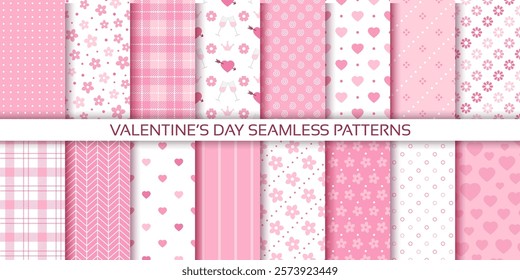 Valentine background. Seamless pattern with hearts. Set romantic pink textures. Love prints for wrapping papers. Vector illustration. Collection cute backdrops. Girly hearted scrap design
