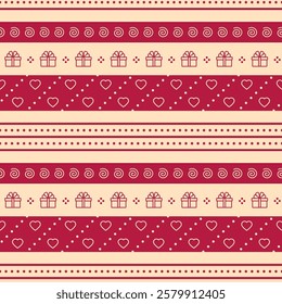 Valentine background. Seamless pattern with hearts ant presents. Retro romantic pink texture. Love print for wrapping paper. Vintage cute backdrop. Vector illustration. Girly hearted scrap design