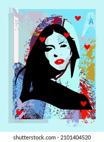 Valentine background silhouette of a beautiful girl with red lips and hearts isolated on the black background,