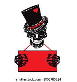 Valentine background with skull icon hearts and hanging sign vector illustration