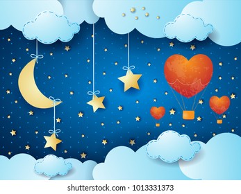 Valentine background with surreal night, moon and hot air balloons. Vector illustration eps10