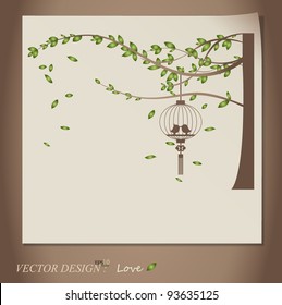 Valentine background with tree, bird and bird cage. Vector Illustration.